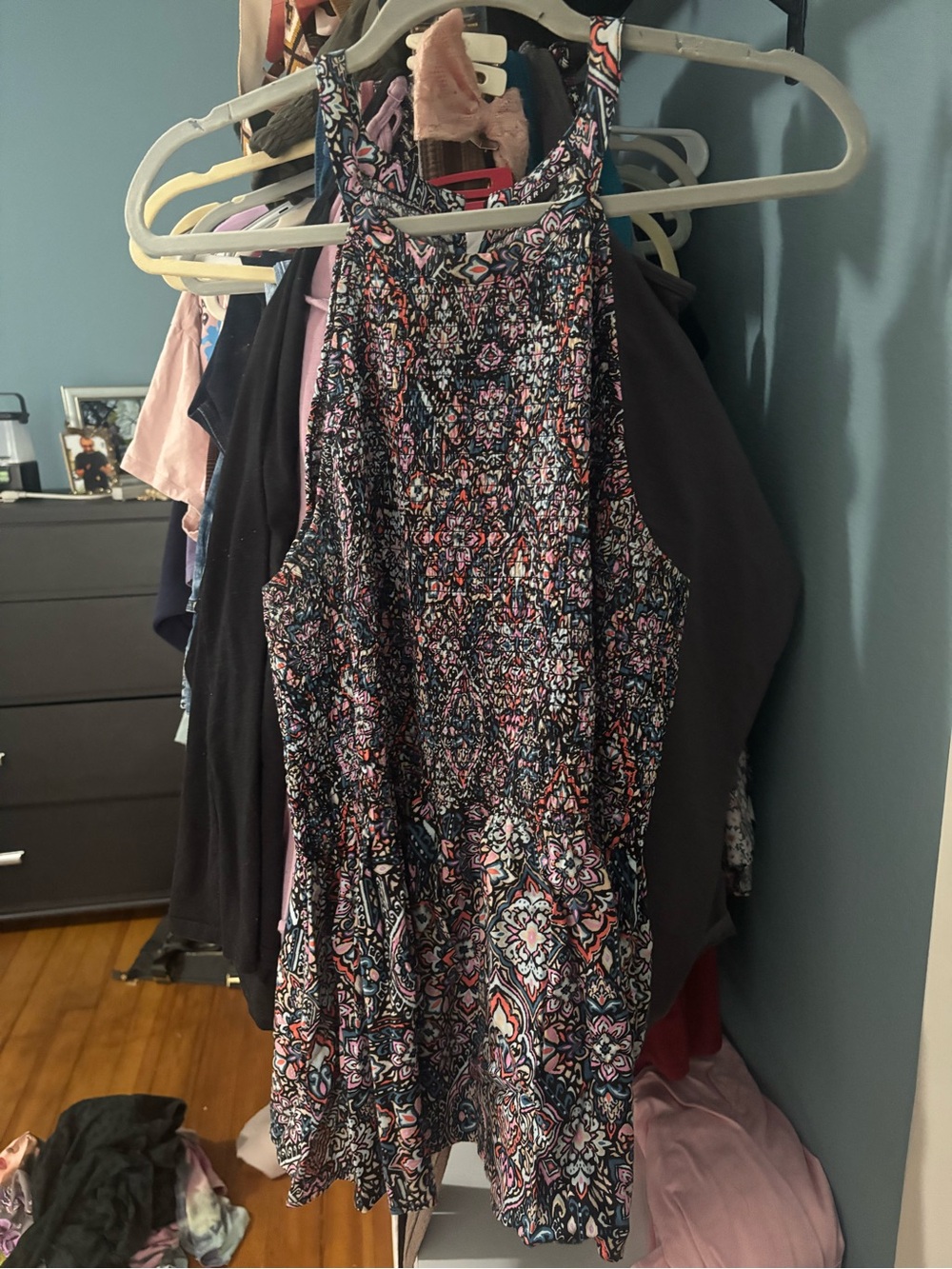 torrid Black Floral Mosaic Smocked Romper with Pink & Blue Accents